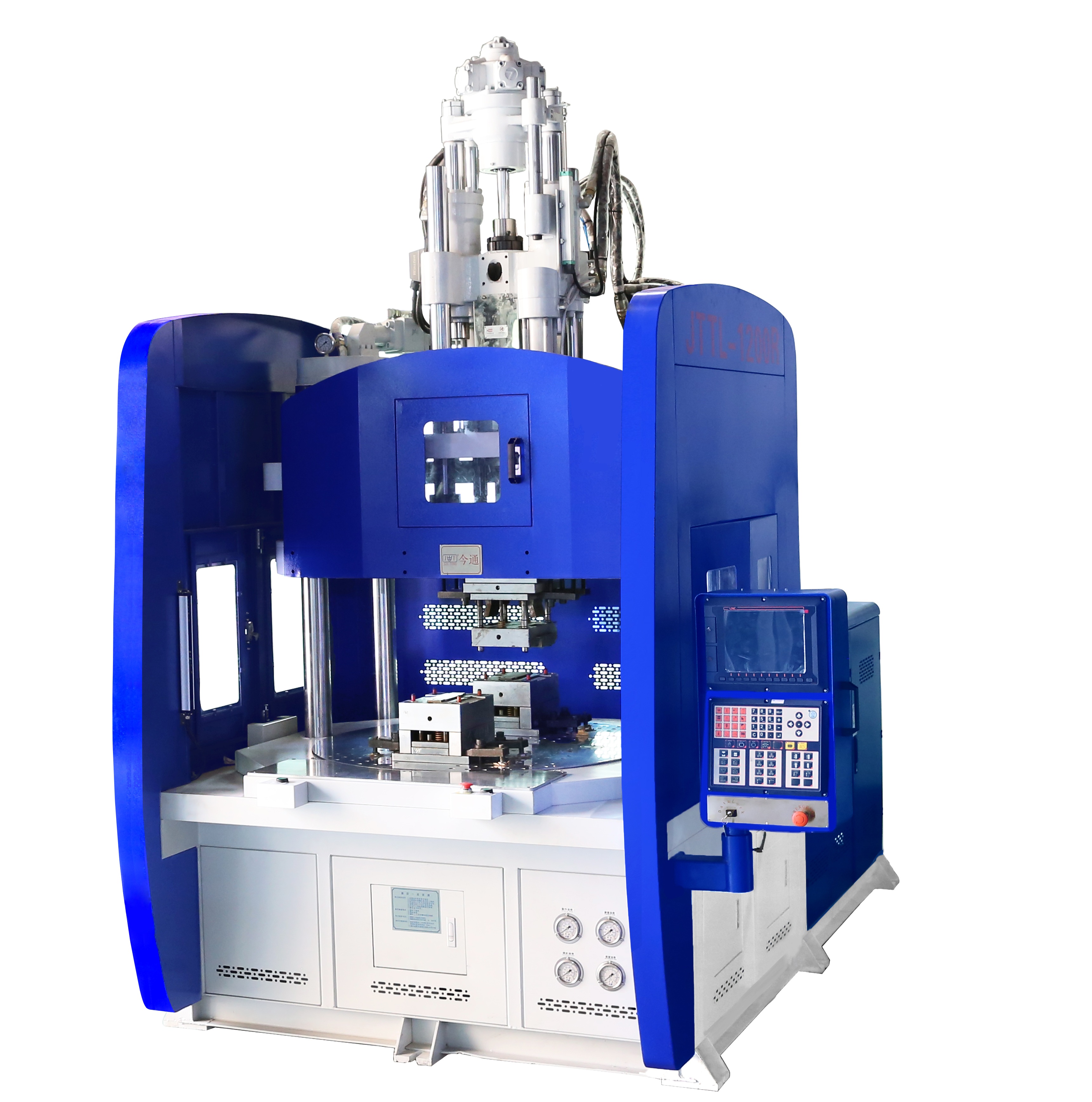 Low work table vertical injection molding machine